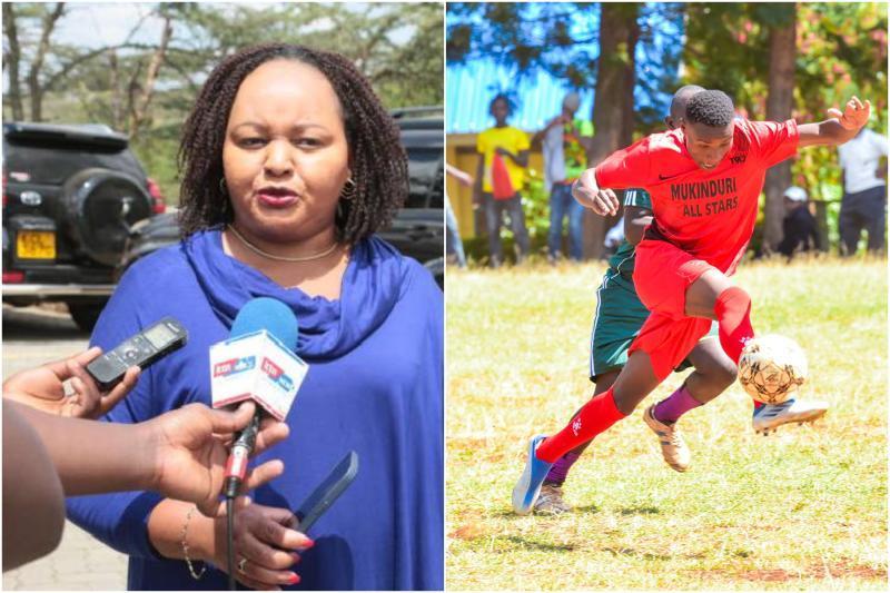 Photo collage of Governor Waiguru and Mukinduri All-Stars player.